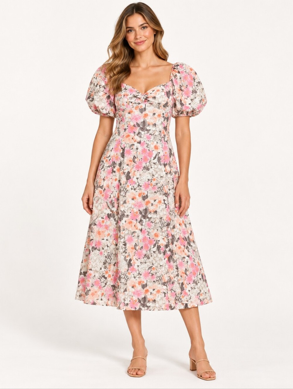 Avec Les Filles Pink Floral Linen Blend Puff Sleeve Midi Dress NWT Size 12